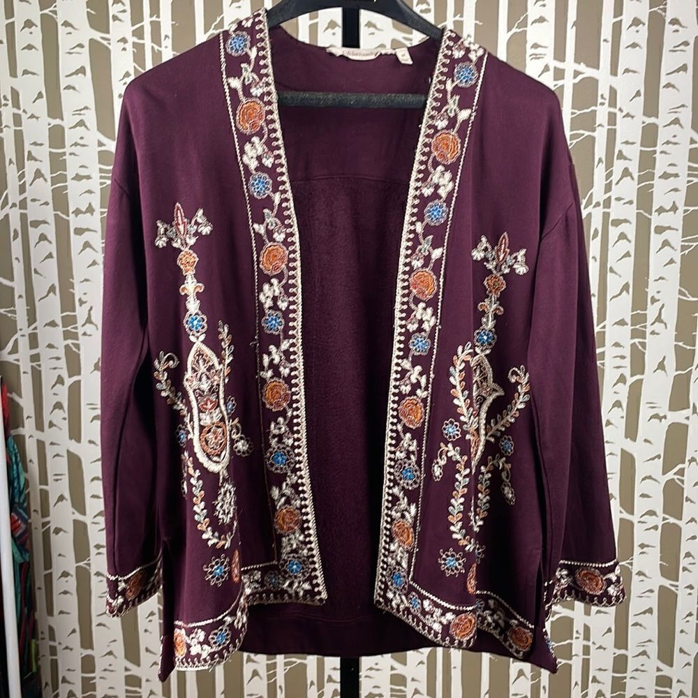 Soft Surroundings boho embroidered open front jacket maroon gold